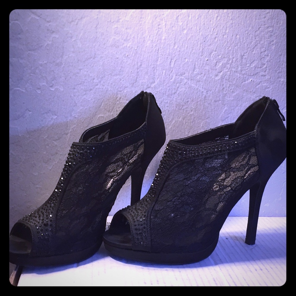 Black Lace and Sparkle Pumps with Zip Up Backs